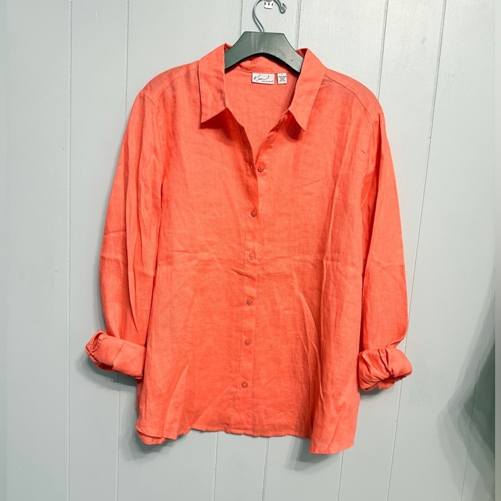 Kim Rogers 100% Linen Vibrant Coral Button-Down Shirt